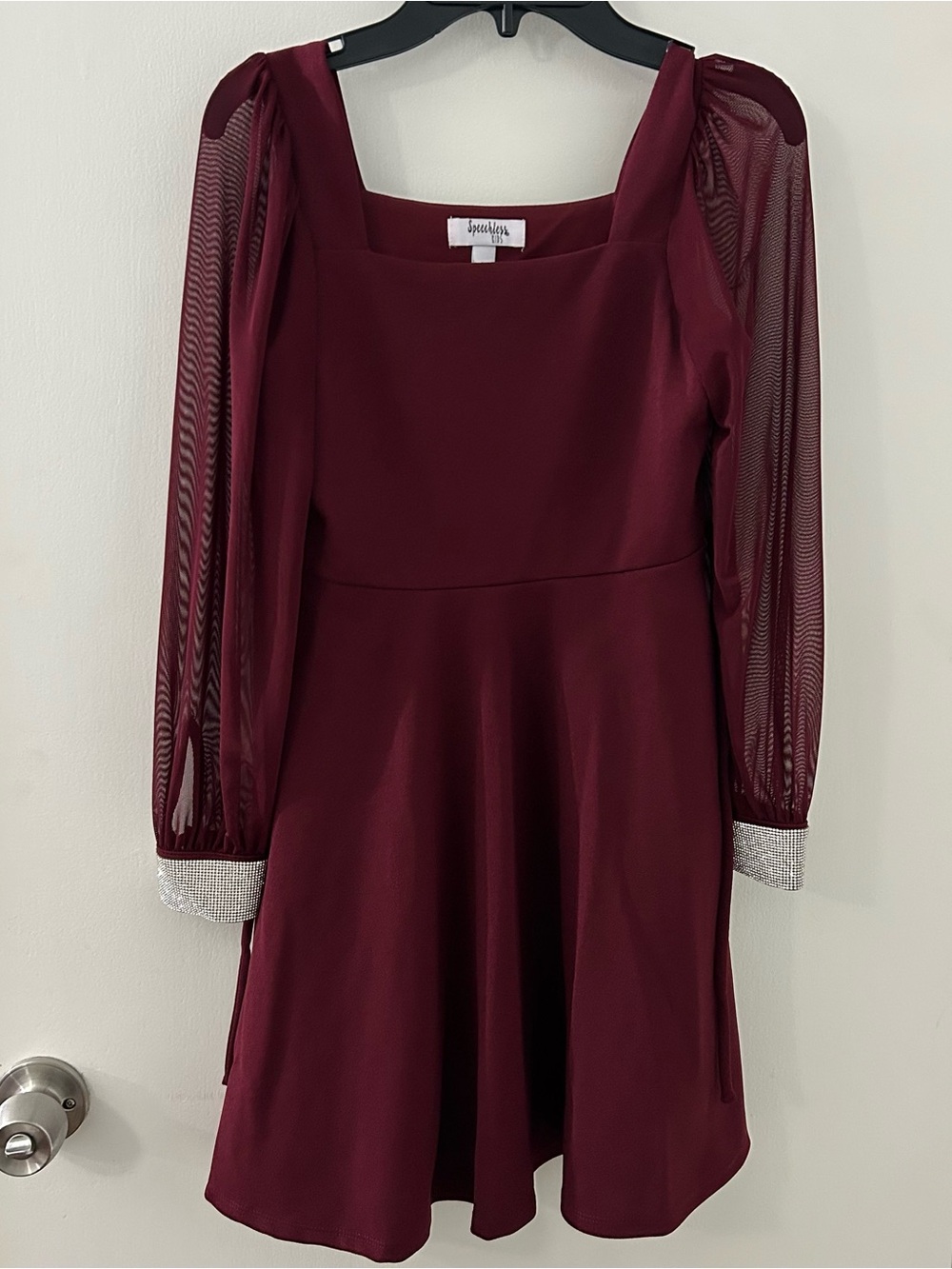 Speechless Burgundy Long-Sleeve Square-Neck Dress with Rhinestone Cuffs